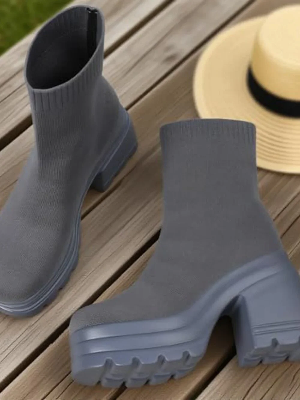 Women's Comfortable Square Toe Slip On Stretch Knit Platform Chunky Heel Sock